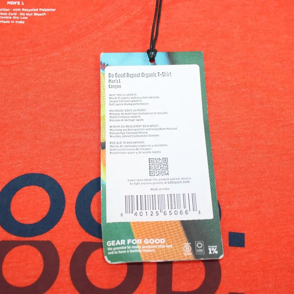 Cotopaxi Shirt Mens Large Orange Do Good Repeat Graphic Organic Tagless Tee